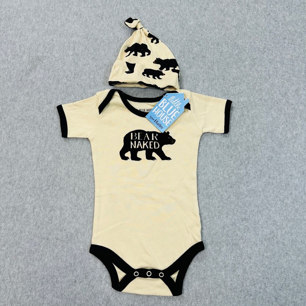 Hatley Little Blue House Baby 6-12M Cream Black Bear Naked Bodysuit Hat Set NWT